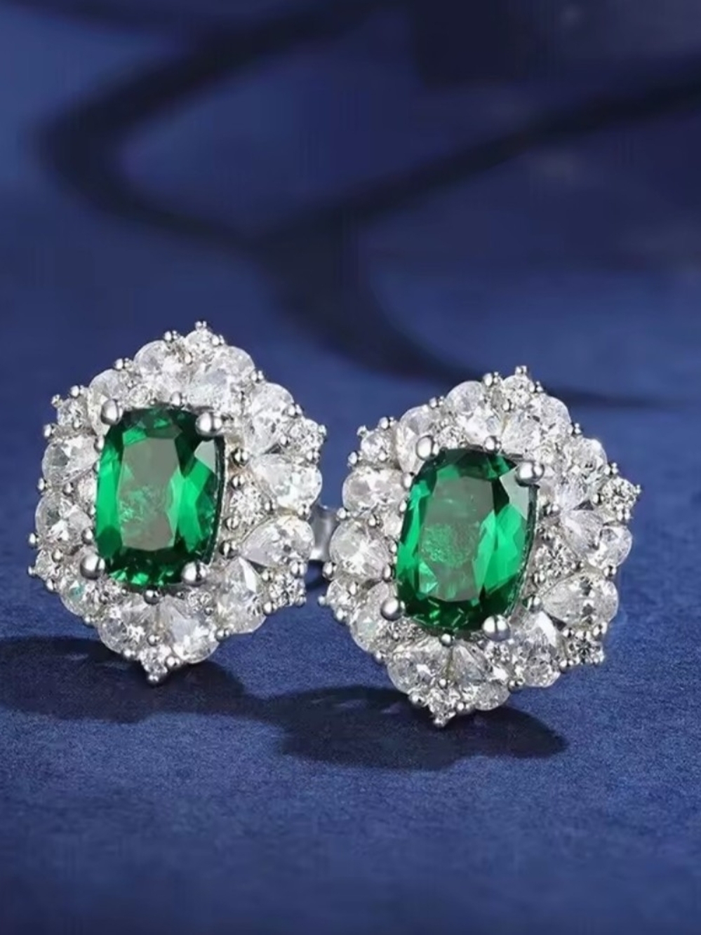 White Rhodium Emerald Halo Cluster Stud Earrings